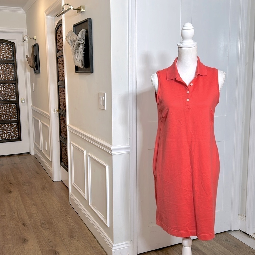 LL Bean womens‎ polo midi dress orange coral sleeveless cotton collared golf SP